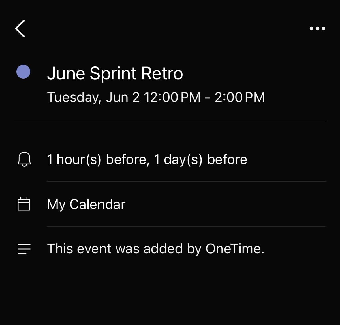 The confirmed event registered and shown in the KakaoTalk Calendar — marked as added by OneTime