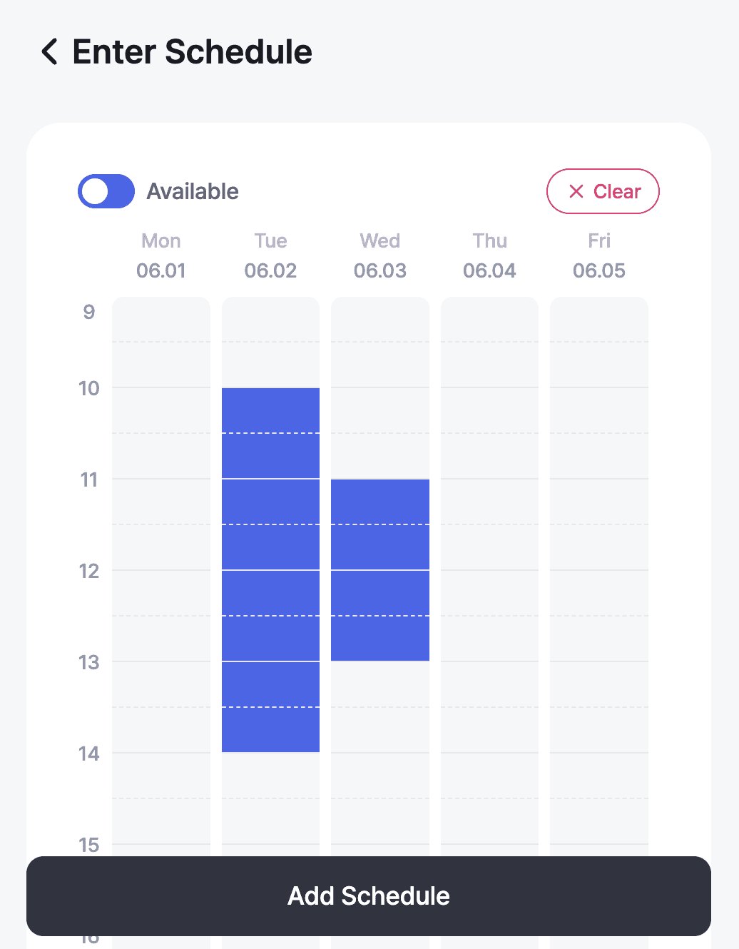 Several cells selected by dragging across the time grid to mark availability — selected cells highlighted