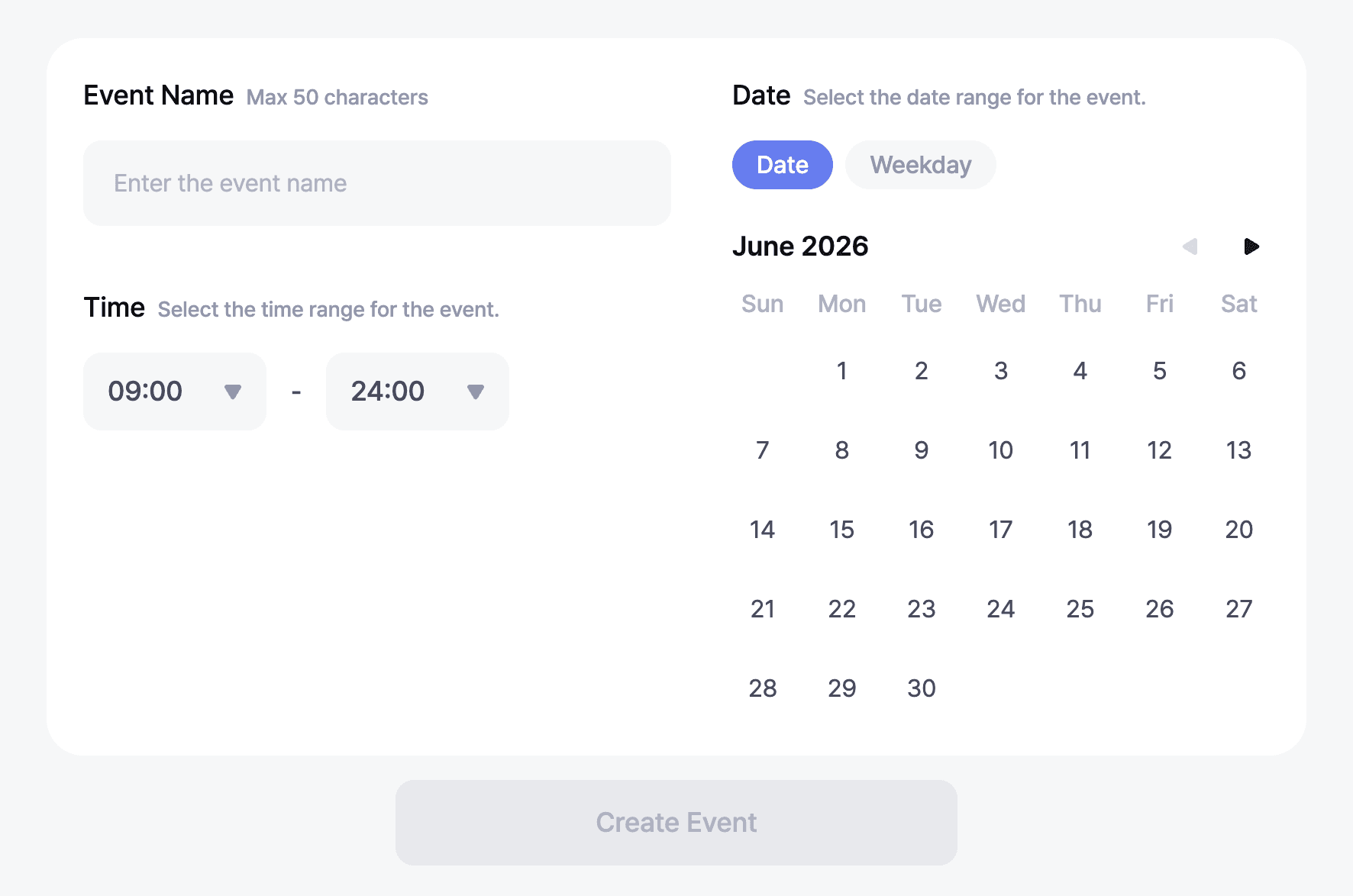 The full event creation screen showing the name, date/weekday, and time range fields