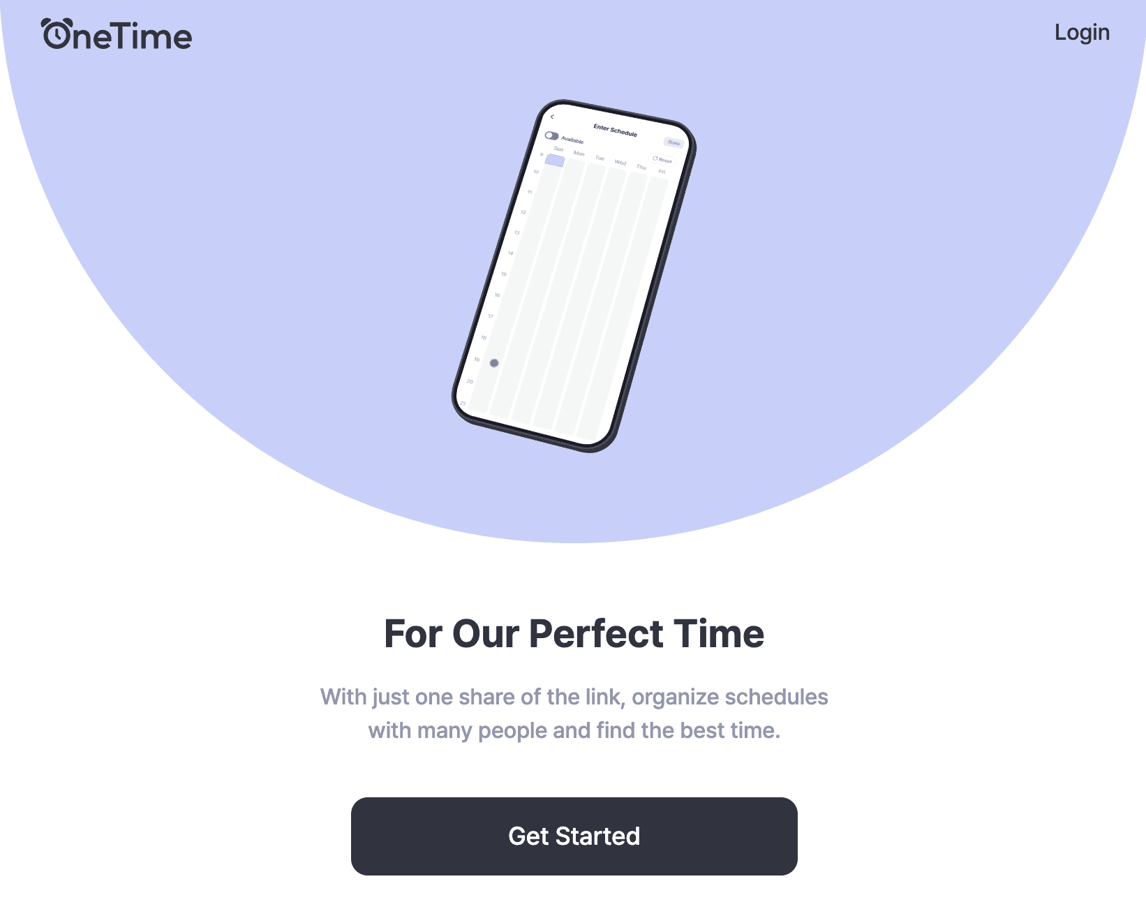 OneTime home screen — the landing page showing the service tagline and the "Create Event" button