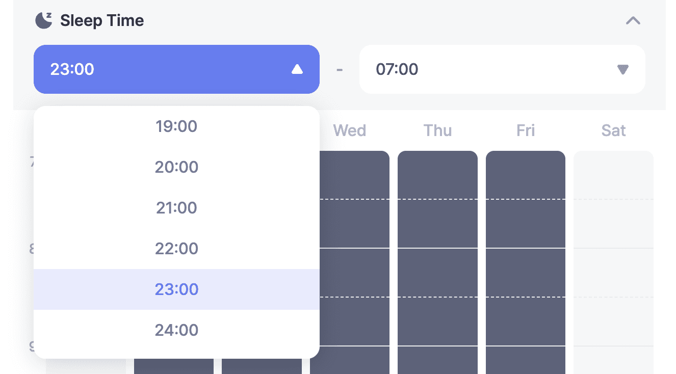 Setting sleep time with start and end dropdowns